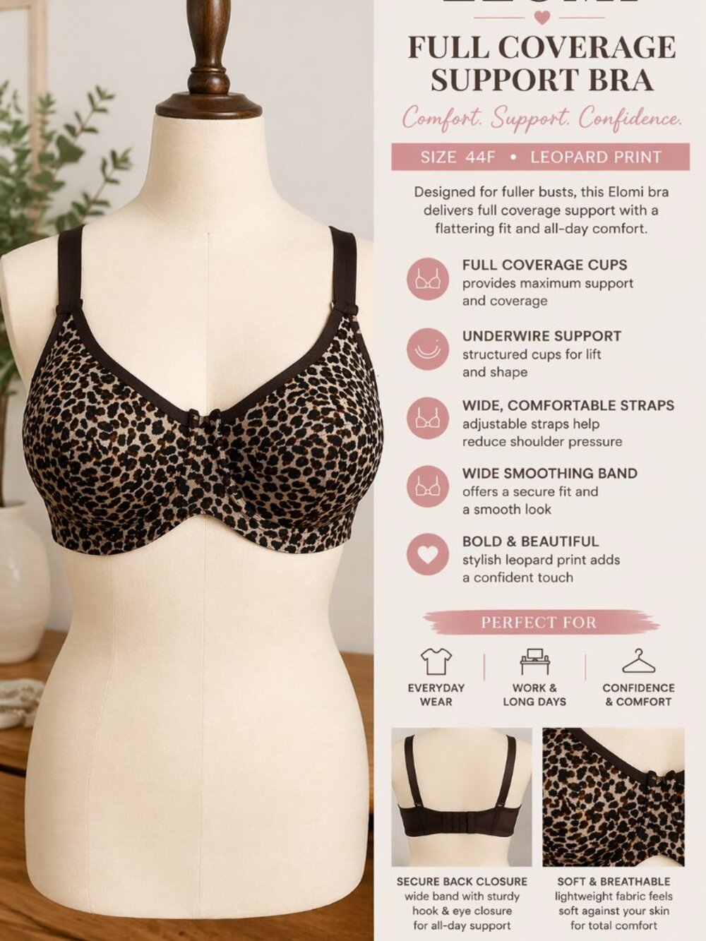 Elomi Bra 44F Leopard Print Full Coverage Underwire Support Comfort Intimates